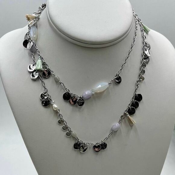 Stella & Dot Silver Baubles Freshwater Pearls Fringe Agate Long Necklace 36” - Picture 1 of 10